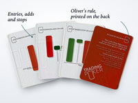 Cuatro cartas de My Trading Poker en abanico, tres de frente y una de dorso, con notas que señalan las reglas