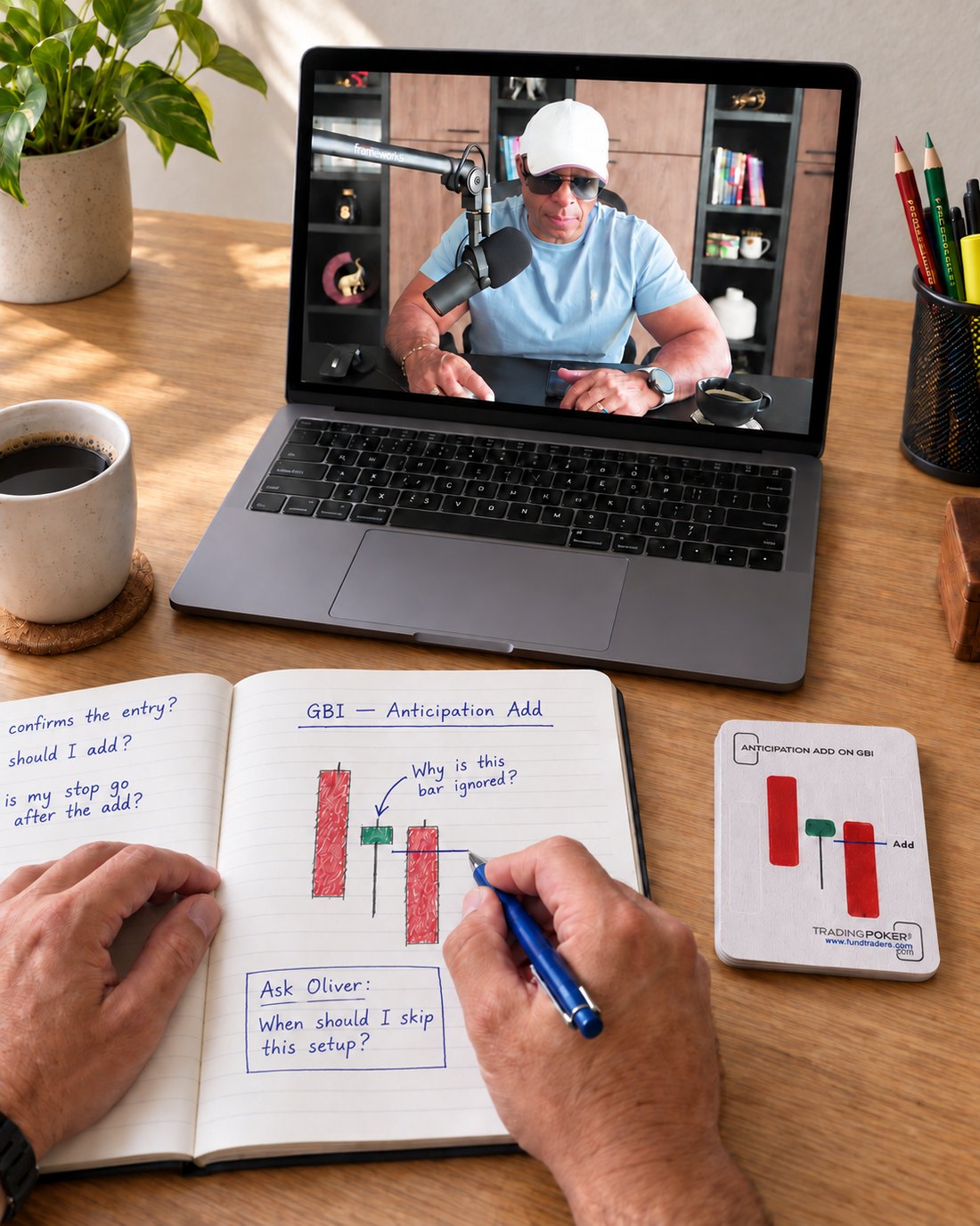 A desk during the live class: Oliver Velez on the laptop, an open notebook with a bar diagram and the Anticipation Add on GBI card